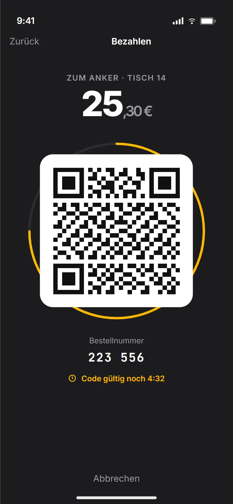 Bezahlscreen der Biergarten-PWA mit Betrag 25,30 Euro, großem QR-Code in einem goldenen Fortschrittsring, Bestellnummer 223 556 und Restzeit