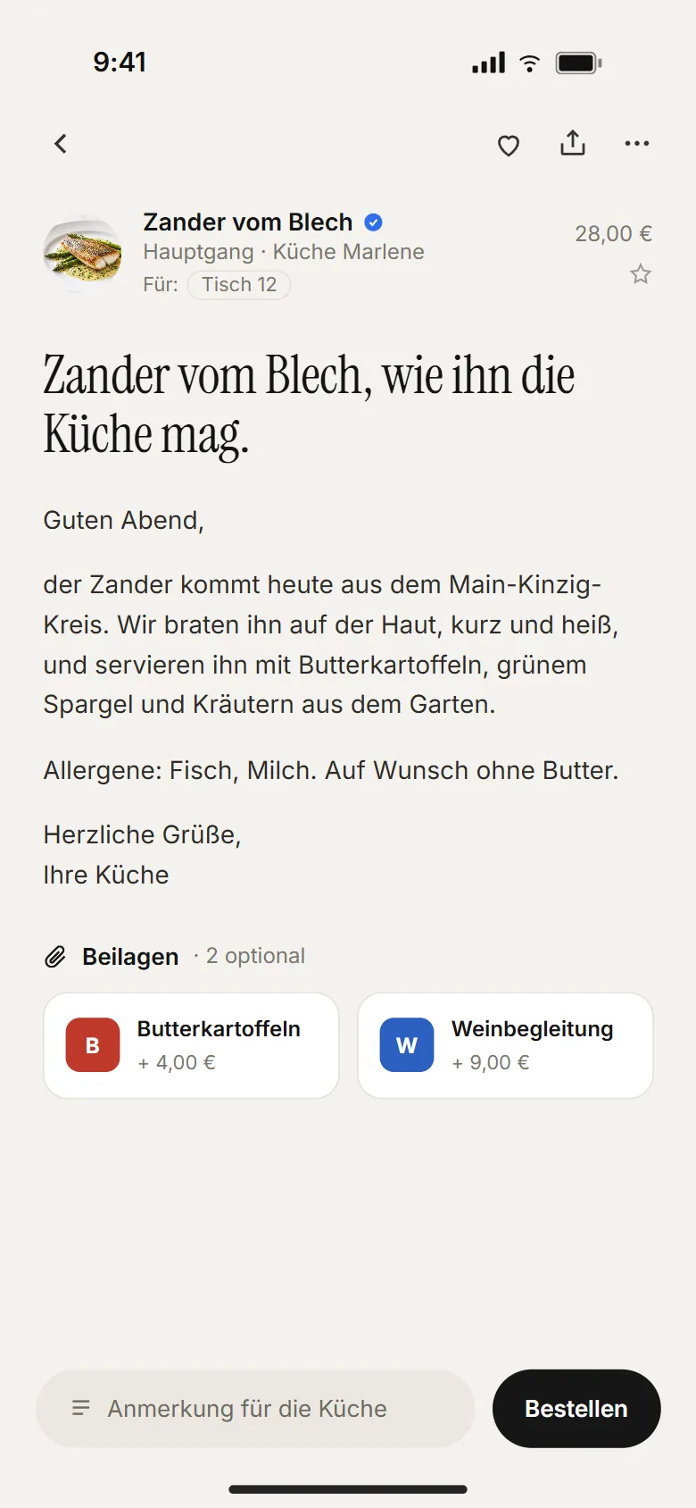 Gericht-Detail Zander vom Blech als Brief der Küche mit Allergenen, zwei Beilagen als Anhänge und Button Bestellen