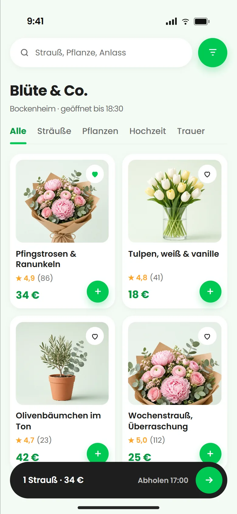 Shop der Blumenladen-PWA mit Suchfeld, Kategorien Sträuße, Pflanzen, Hochzeit, Trauer, Raster aus vier Produktkarten mit Herz und grünem Plus sowie dunkler Leiste 1 Strauß 34 Euro, Abholen 17:00