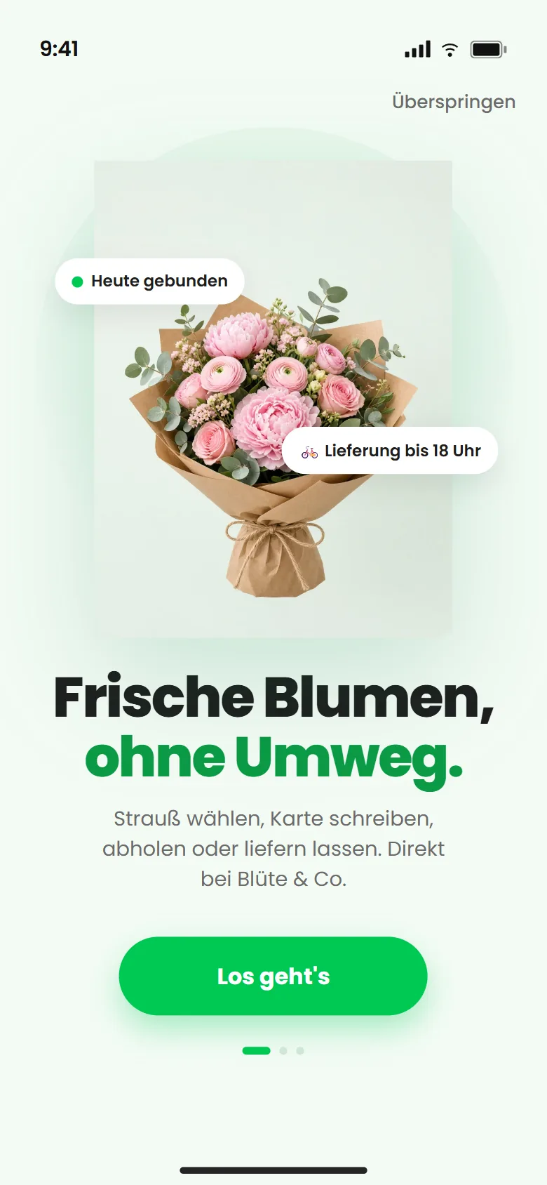 Willkommensscreen der Blumenladen-PWA mit freigestelltem Strauß aus Pfingstrosen und Ranunkeln, Hinweisen Heute gebunden und Lieferung bis 18 Uhr, Headline Frische Blumen, ohne Umweg. und grünem Button Los geht's