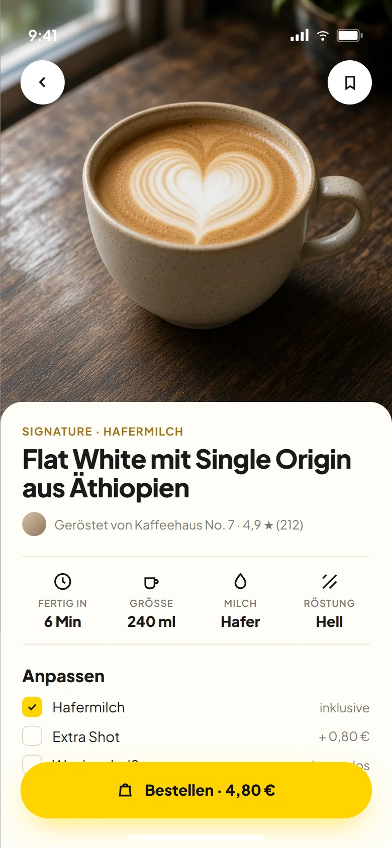 Getränk-Detail Flat White mit großem Foto, vier Kennzahlen Fertig in 6 Minuten, 240 ml, Hafer, hell geröstet, Optionen zum Anpassen und gelbem Button Bestellen 4,80 Euro