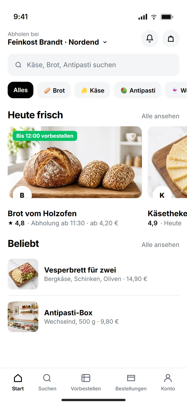 Startscreen der Feinkost-PWA mit Abholort Feinkost Brandt Nordend, Suchfeld, Kategorien Brot, Käse, Antipasti, Wein, Karussell Heute frisch mit Holzofenbrot und Käsetheke sowie Liste Beliebt