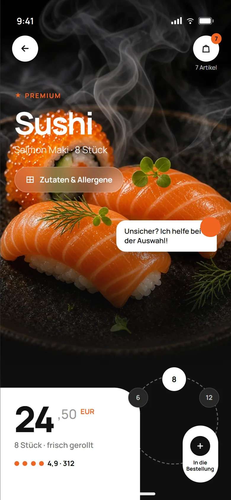 Gericht-Detail Salmon Maki mit rauchendem Nigiri-Foto, Label Premium, Preis 24,50 in einer weißen Ecke, Stückzahl-Wahl 6, 8, 12 und Button In die Bestellung