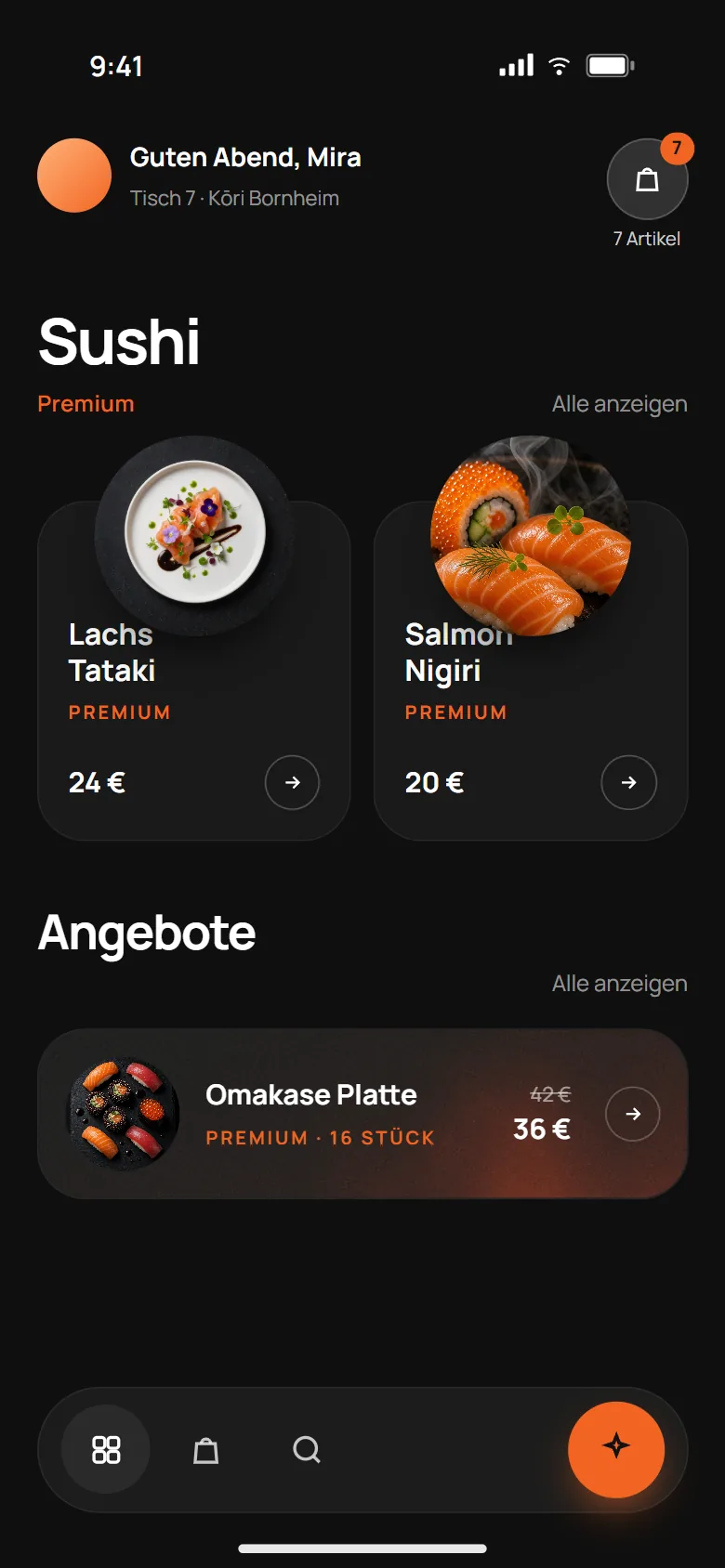 Übersicht der Sushi-PWA mit Begrüßung Guten Abend, Mira, zwei dunklen Karten mit runden Teller-Fotos, Angebot Omakase Platte und schwebender Tab-Leiste